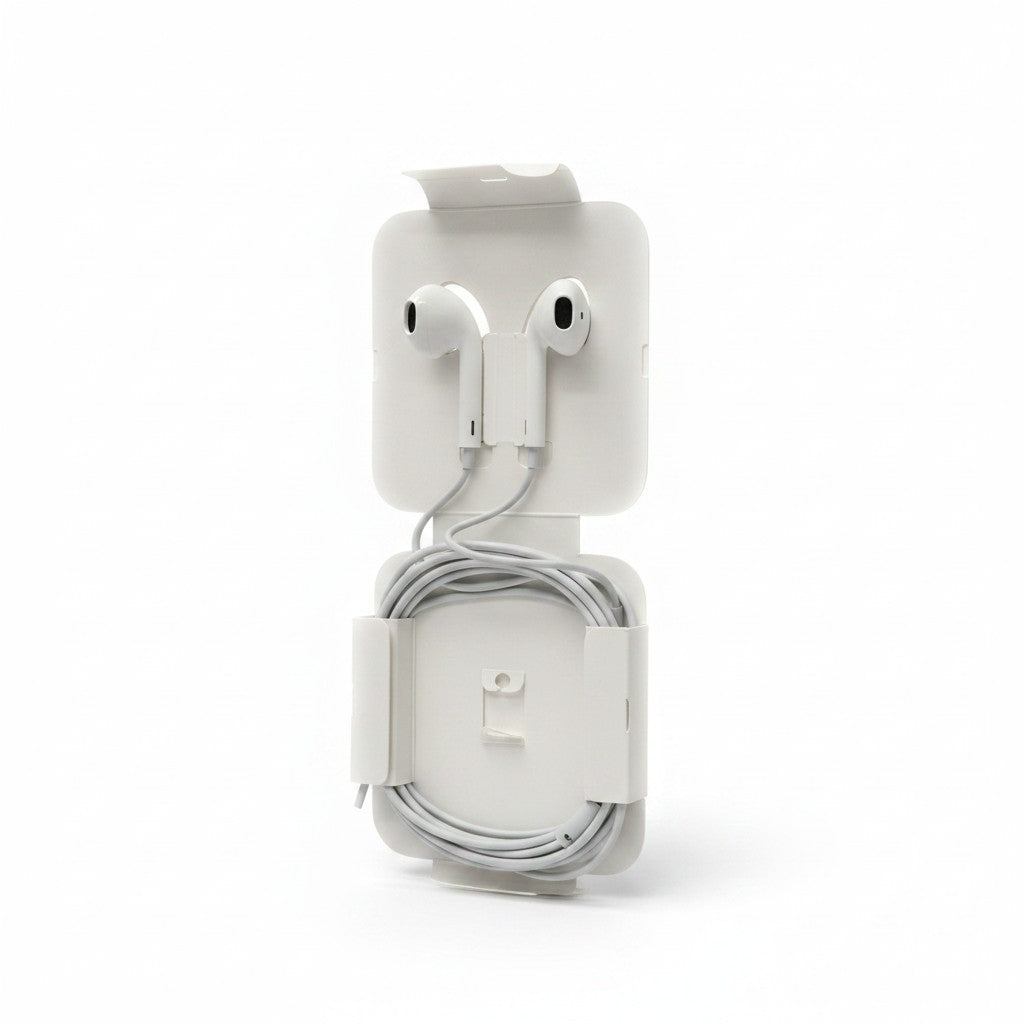 Auricolari bianchi Apple EarPods con connettore Lightning e microfono integrato, confezionati da Mr Bob - Home & Tech Utility
