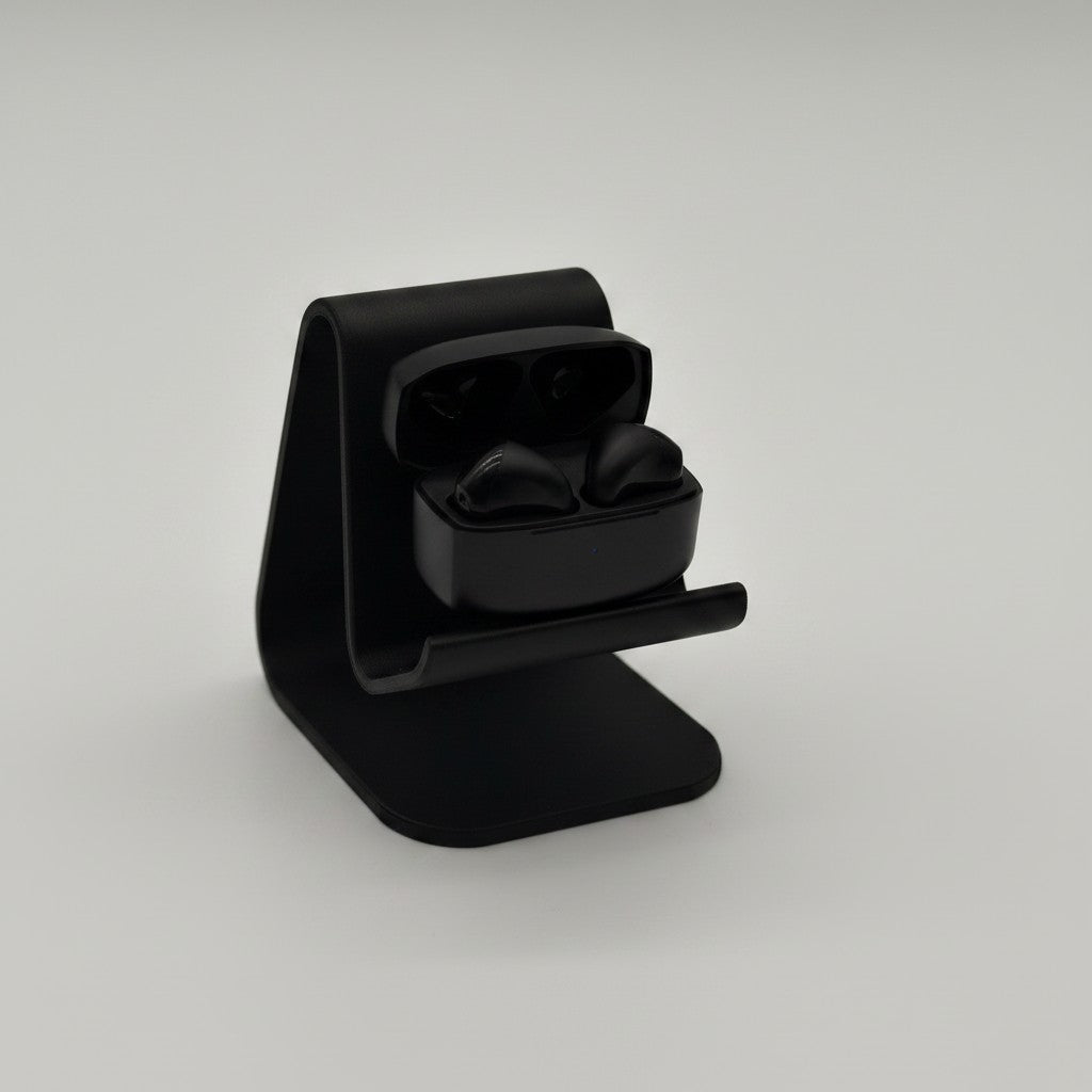 Auricolari Bluetooth Mr Bob - Home & Tech Utility Music Sound Swag neri in custodia di ricarica su supporto