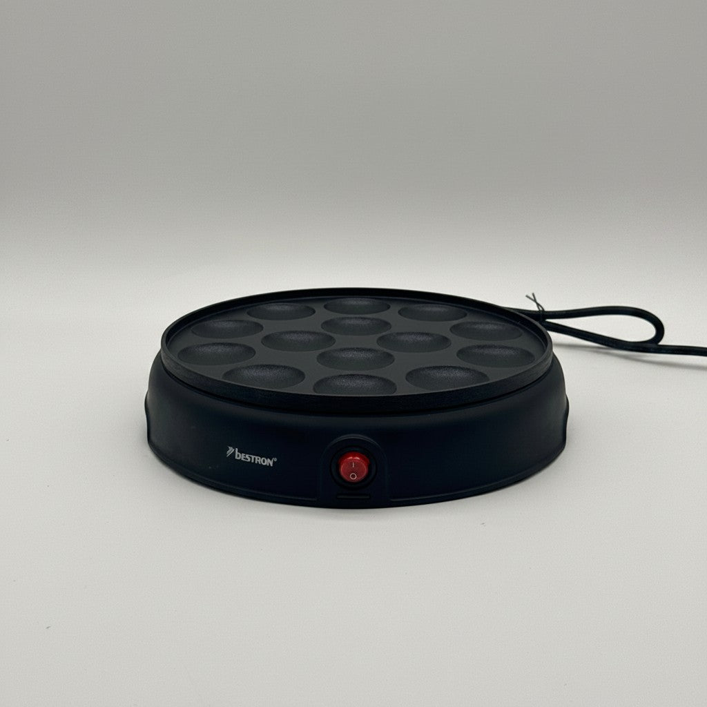 Macchina per poffertjes Bestron Sweet Dreams nera con superficie antiaderente e interruttore rosso, Mr Bob - Home & Tech Utility
