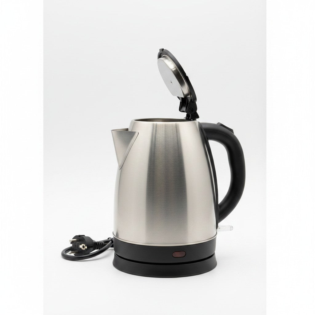 Bollitore elettrico cordless Mr Bob - Home & Tech Utility in acciaio inox argento da 1,8 litri con coperchio aperto