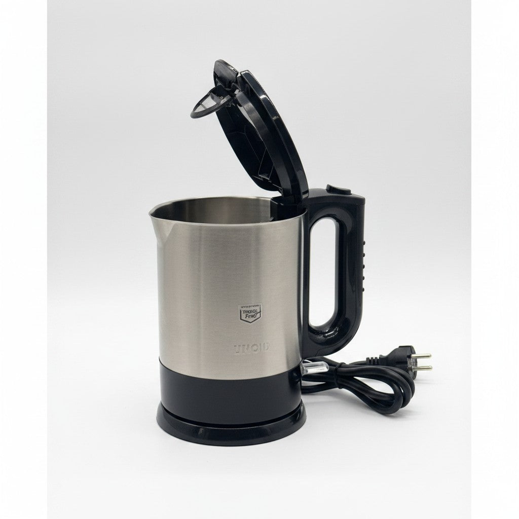 Bollitore elettrico Mr Bob - Home & Tech Utility Unold 18015 in acciaio inox nero con coperchio aperto
