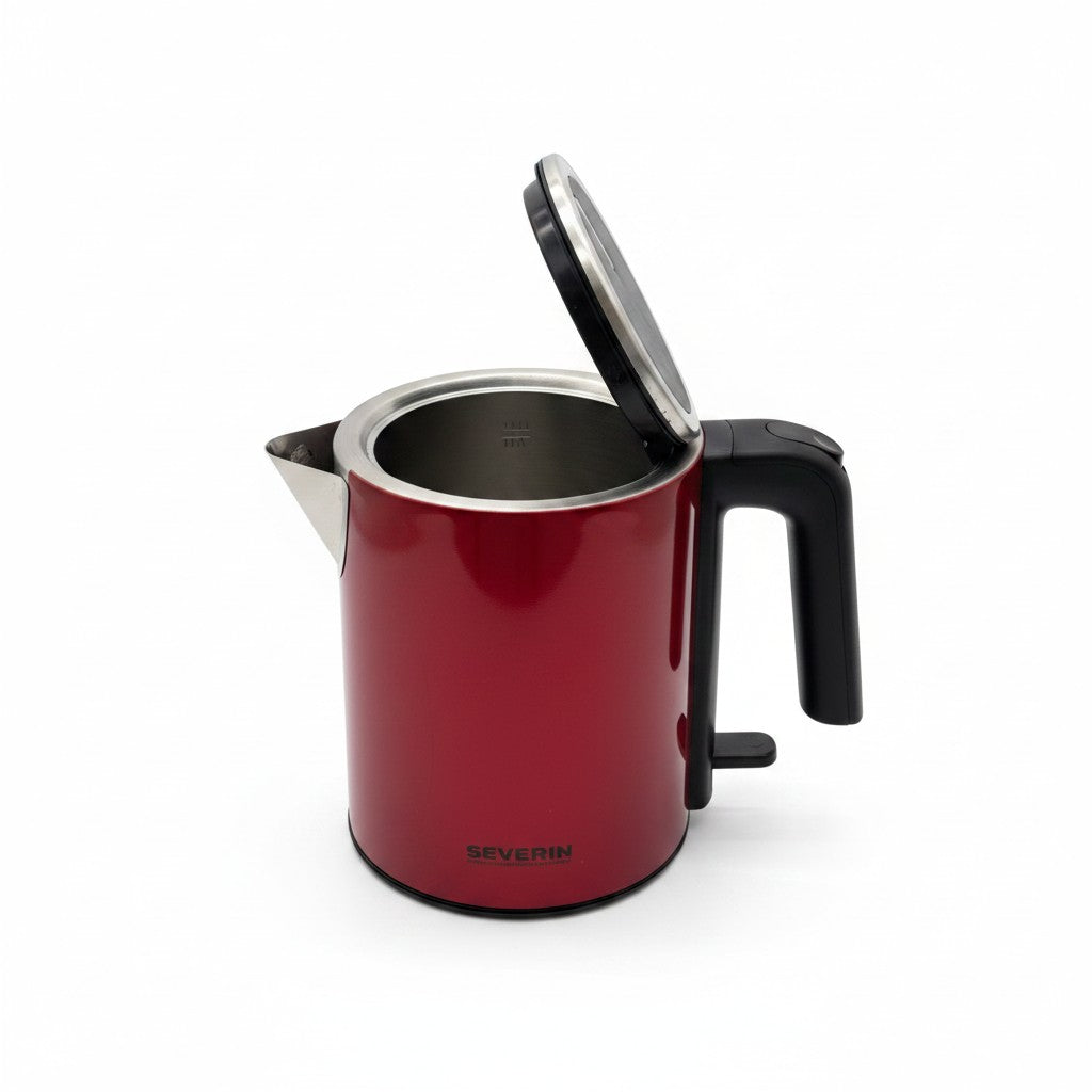 Bollitore elettrico Severin WK3427 rosso da 1,2 L con coperchio aperto, venduto da Mr Bob - Home & Tech Utility