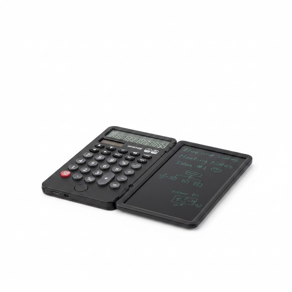 Calcolatrice nera Mr Bob - Home & Tech Utility con display a 12 cifre e blocco note digitale integrato per appunti
