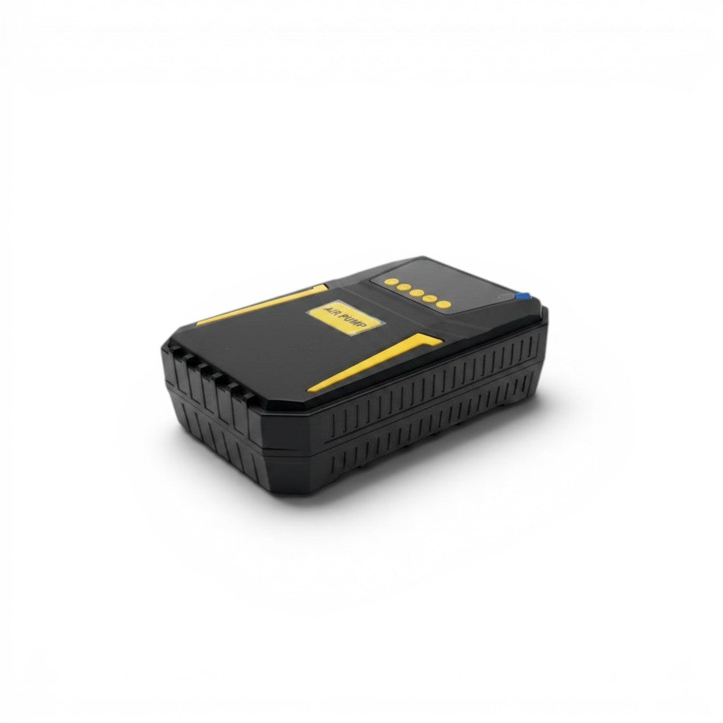 Compressore aria portatile Mr Bob - Home & Tech Utility 12V con display digitale e dettagli gialli su corpo nero