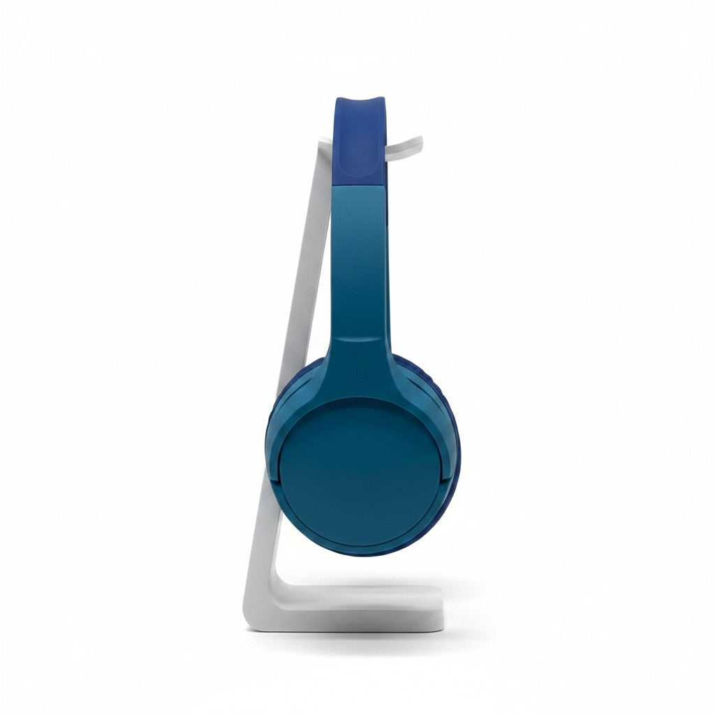 Cuffie wireless blu Belkin SoundForm Mini per bambini su supporto, vista laterale