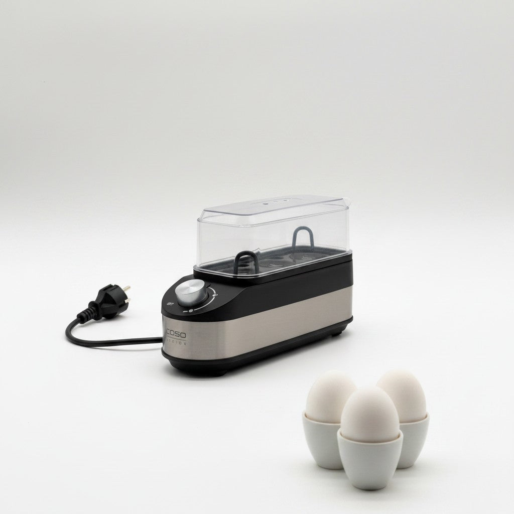 Cuociuova elettrico Mr Bob - Home & Tech Utility in acciaio inox con coperchio trasparente e tre uova sode