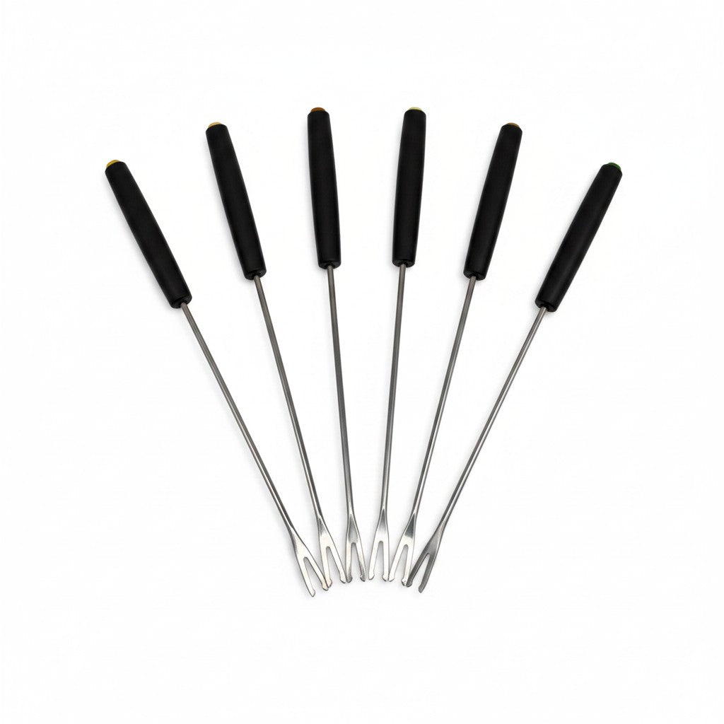 Set di sei forchette per fonduta Mr Bob - Home & Tech Utility con manici neri e punte in acciaio inox