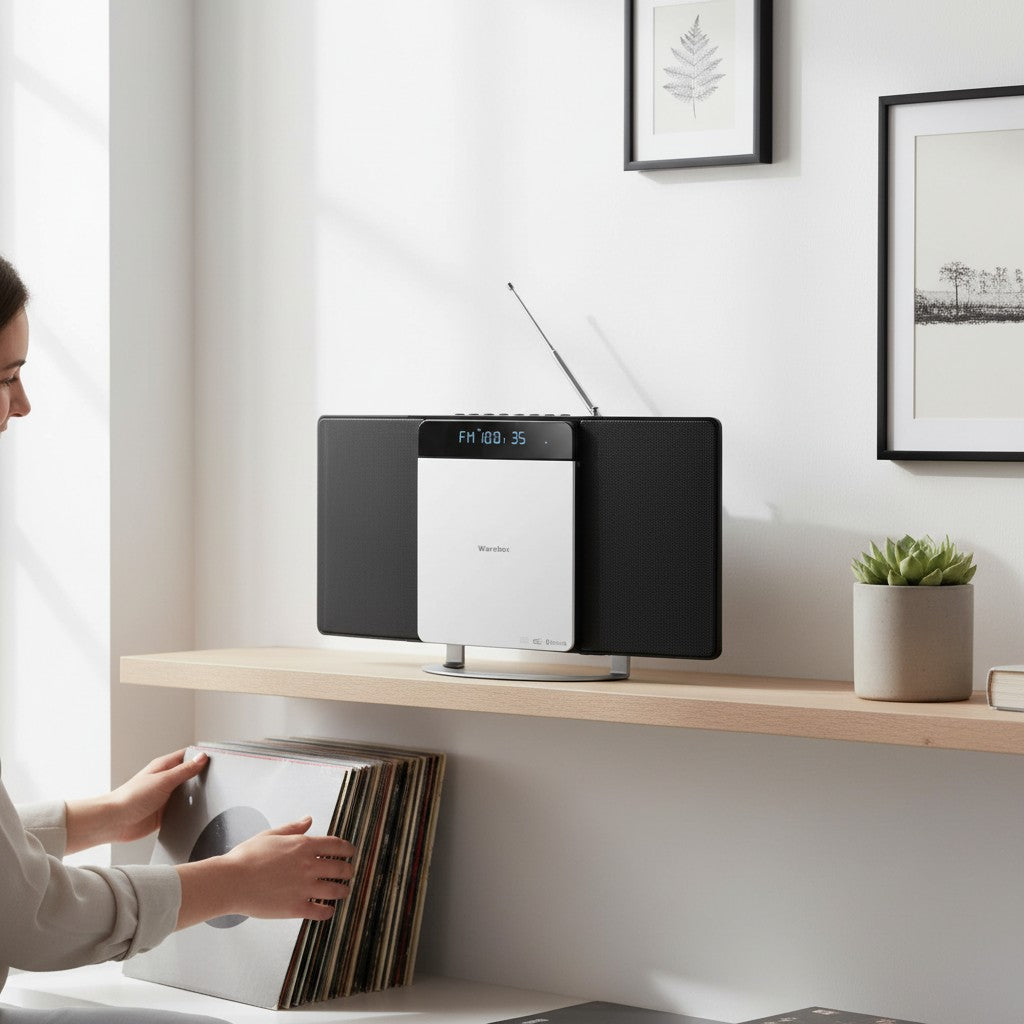 Impianto stereo compatto Mr Bob - Home & Tech Utility con lettore CD, Bluetooth e radio DAB+ su mensola moderna