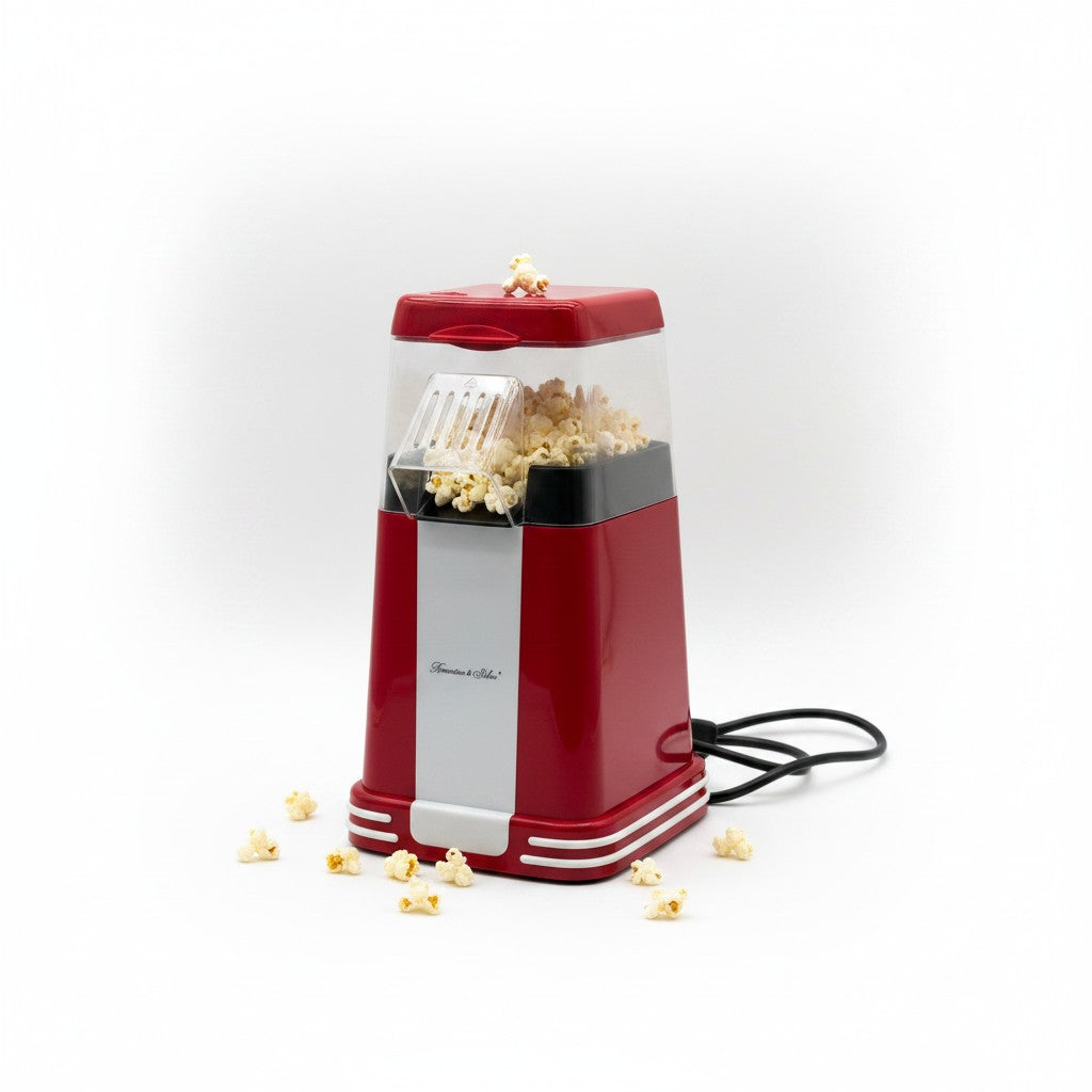Macchina per popcorn Mr Bob - Home & Tech Utility ad aria calda, design retrò rosso e bianco con popcorn pronti.