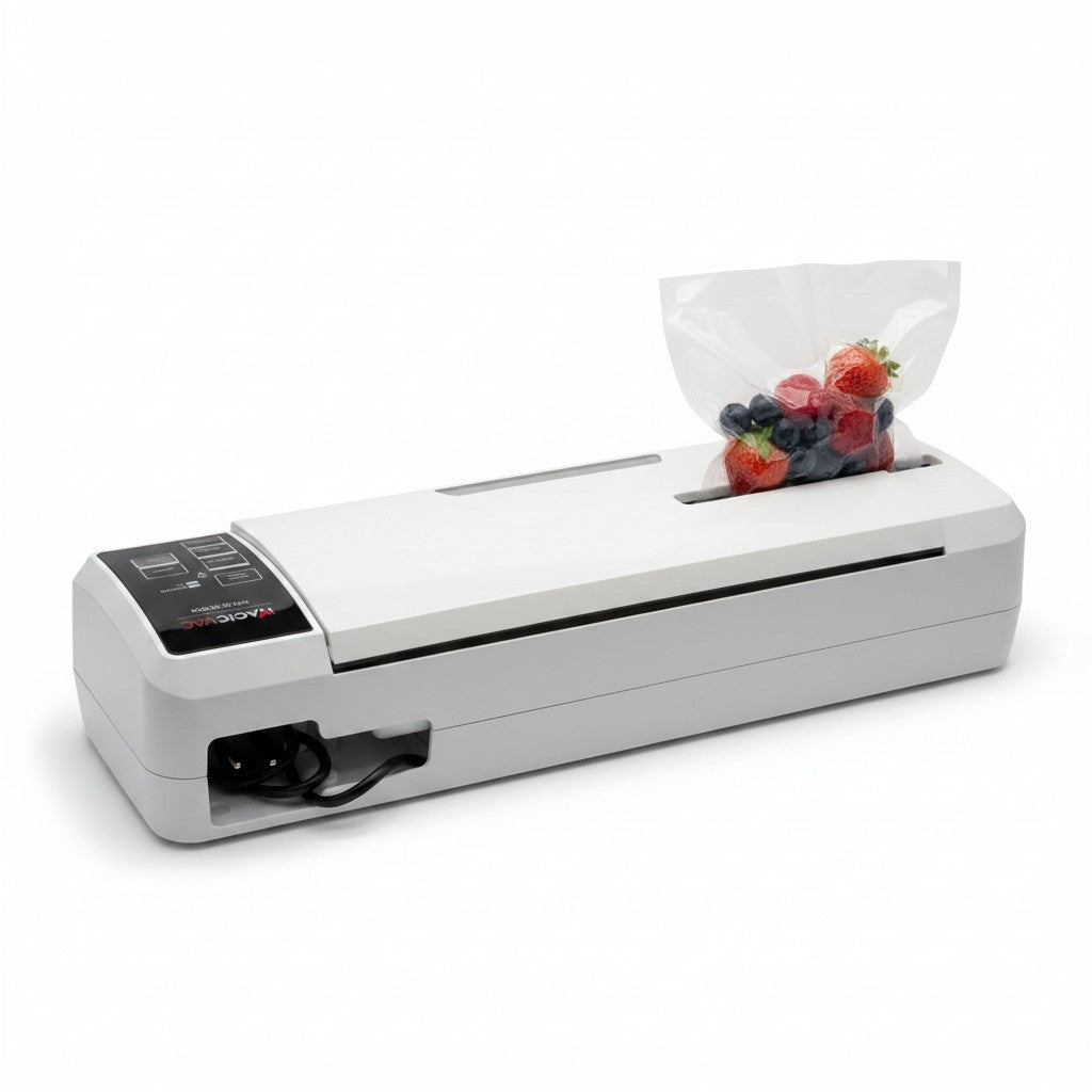 Macchina sottovuoto Mr Bob - Home & Tech Utility Magic Vac Champion bianca con sacchetto di frutta fresca