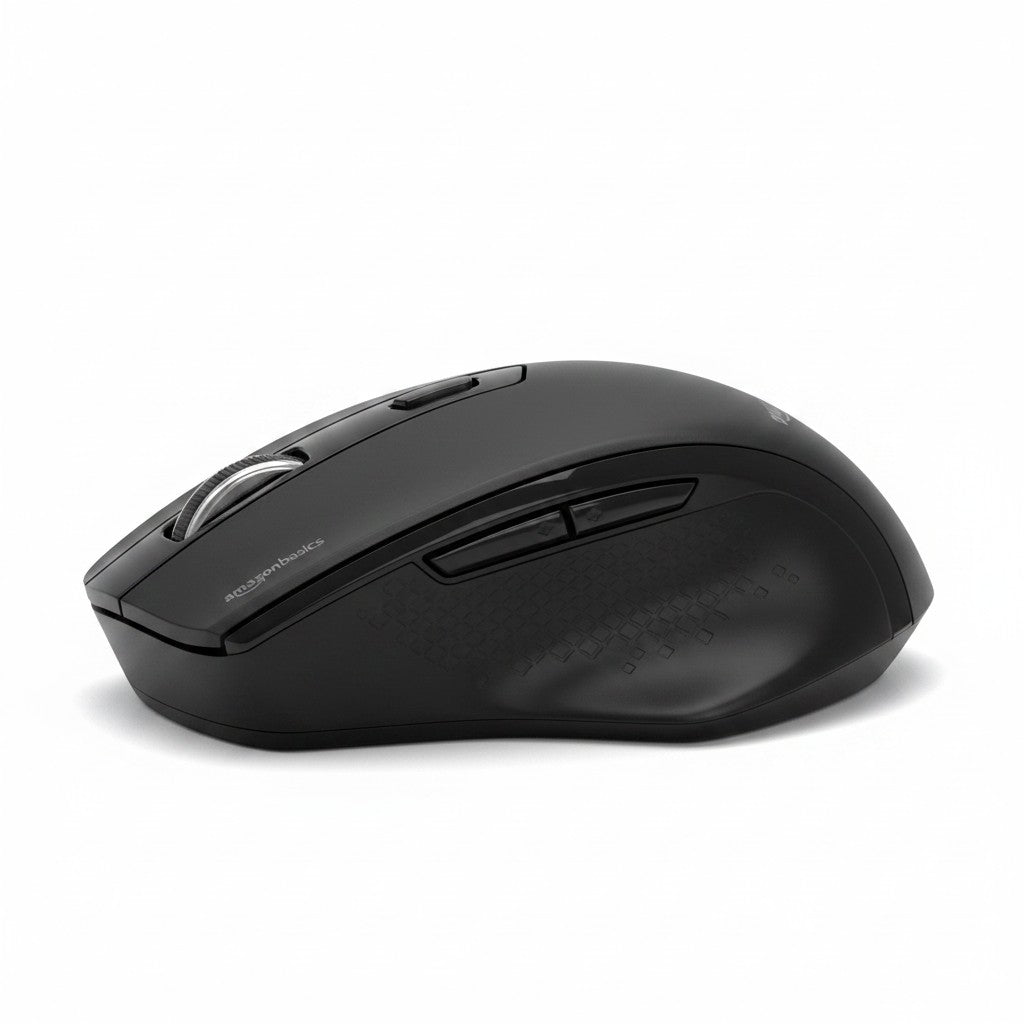Mouse wireless ergonomico nero Amazon Basics con design sagomato e tasti laterali, venduto da Mr Bob - Home & Tech Utility