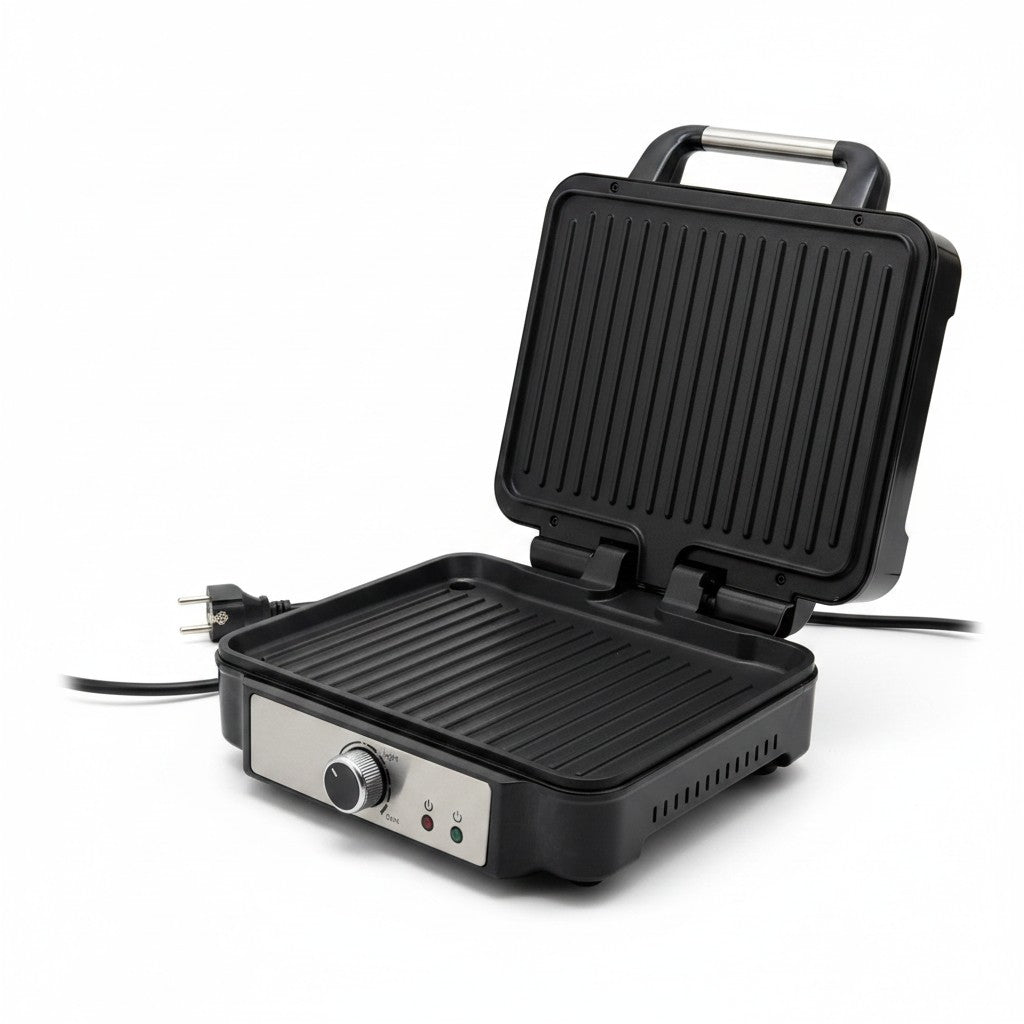Piastra per panini Mr Bob - Home & Tech Utility 1800W nera con piastre antiaderenti rigate e apertura a 180 gradi