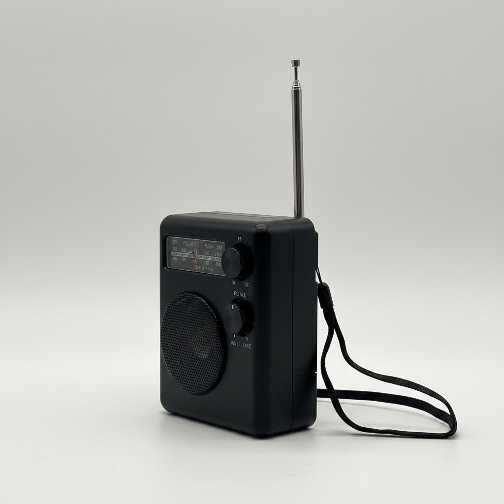 Radio portatile Mr Bob - Home & Tech Utility PRUNUS J-166 nera AM/FM con antenna telescopica e cinturino da polso