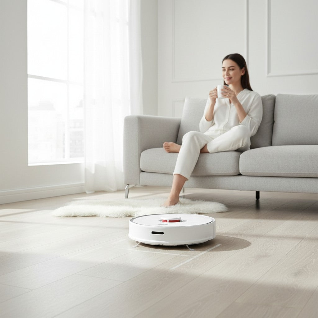 Robot aspirapolvere bianco Roborock S5 Max in funzione in un soggiorno luminoso con donna seduta sul divano Mr Bob
