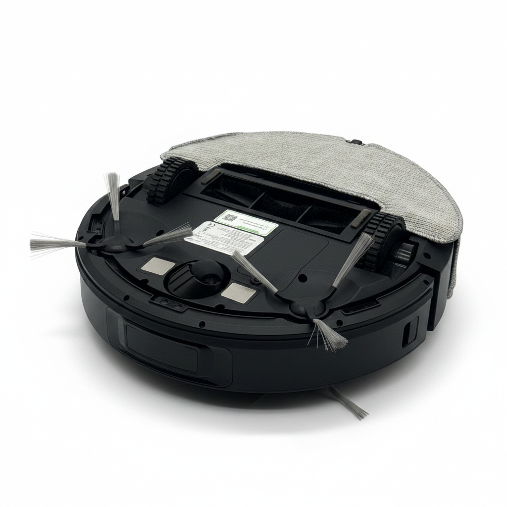Vista inferiore del robot aspirapolvere Mr Bob - Home & Tech Utility Vexilar W11 con panno lavapavimenti e spazzole