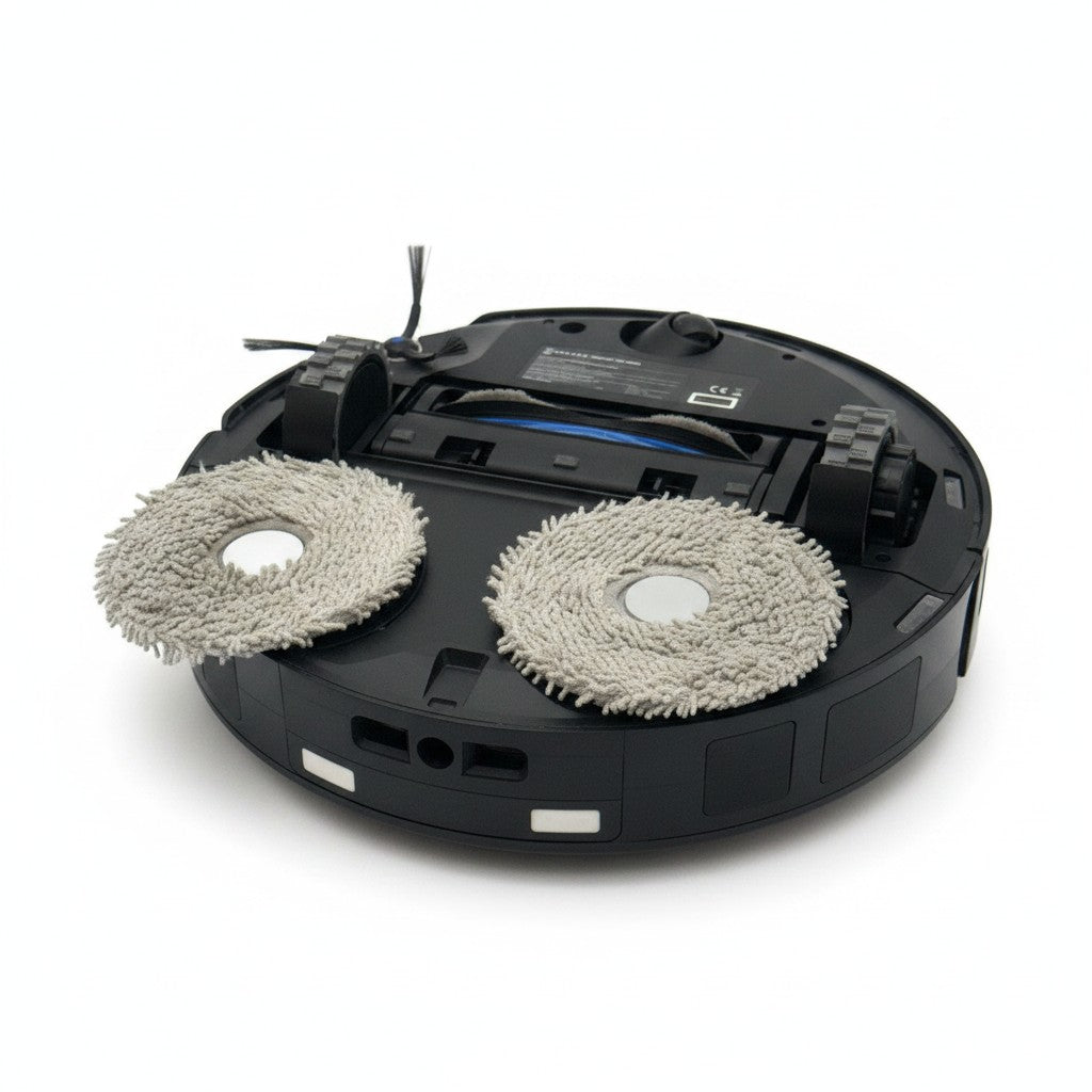 Mr Bob - Home & Tech Utility robot aspirapolvere ECOVACS DEEBOT T50 Omni visto dal basso con mop rotanti grigi