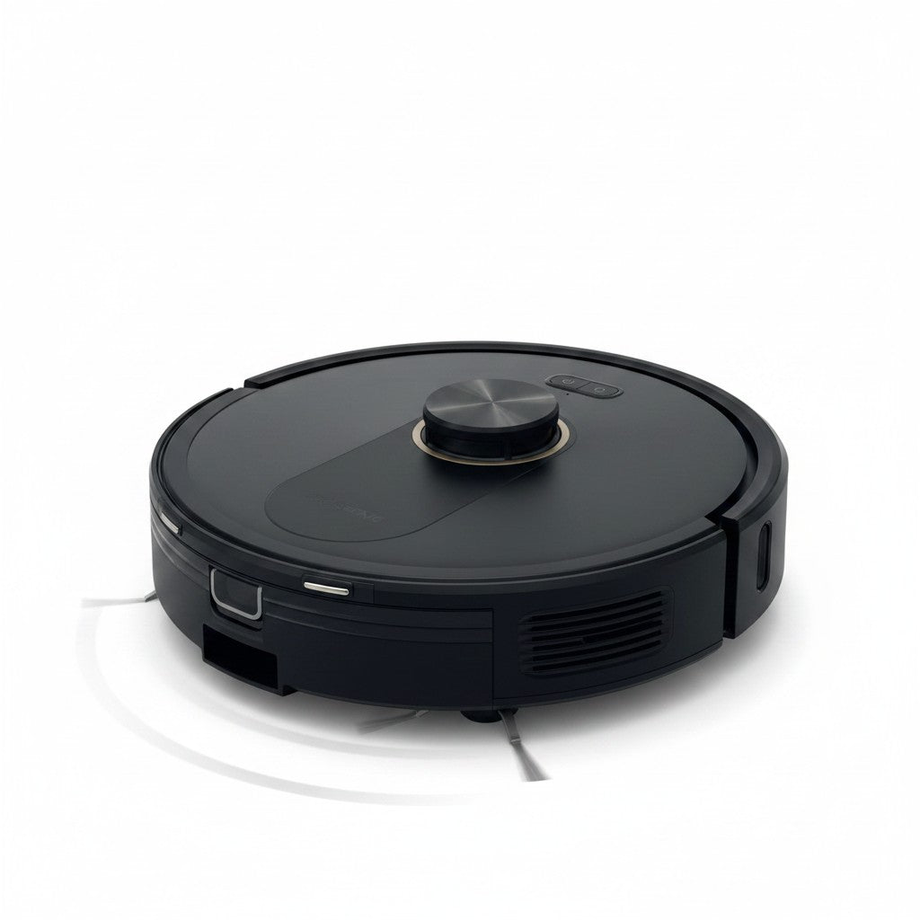 Robot aspirapolvere Mr Bob - Home & Tech Utility nero opaco con sensore di navigazione laser su sfondo bianco