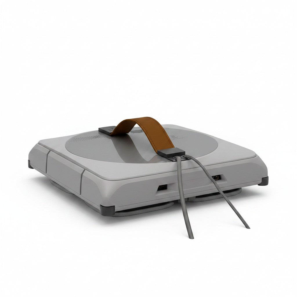 Robot lavavetri Mr Bob - Home & Tech Utility ECOVACS WINBOT W1 PRO grigio con maniglia in pelle su sfondo bianco