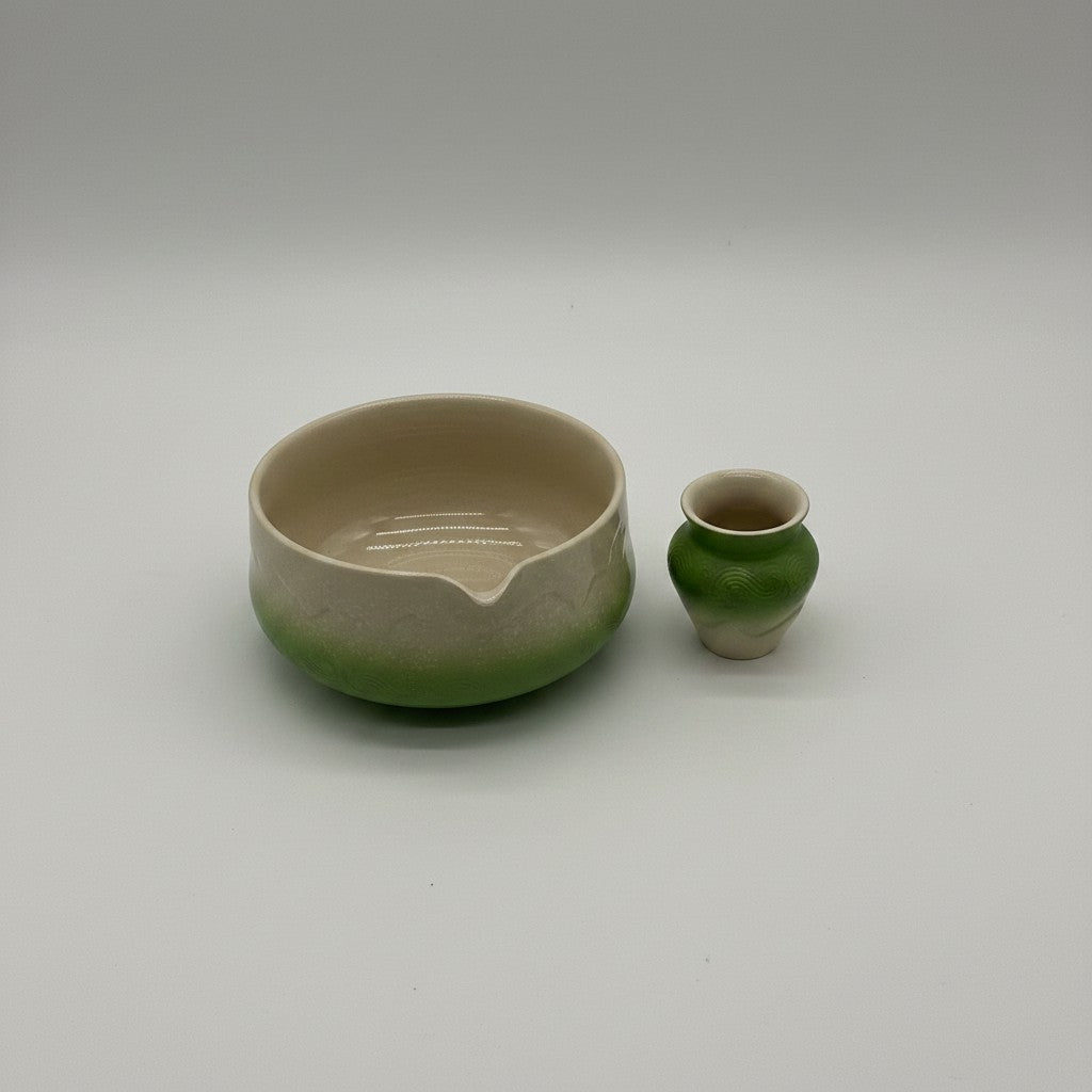 Set Mr Bob - Home & Tech Utility TEANAGOO per matcha con ciotola in ceramica sfumata verde e piccolo vaso coordinato