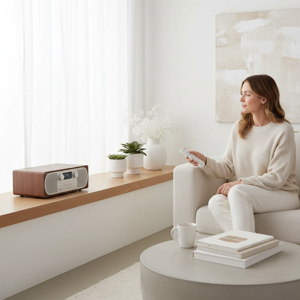 Donna seduta su un divano utilizza il telecomando del sistema stereo Mr Bob - Home & Tech Utility Pure Evoke C-D6