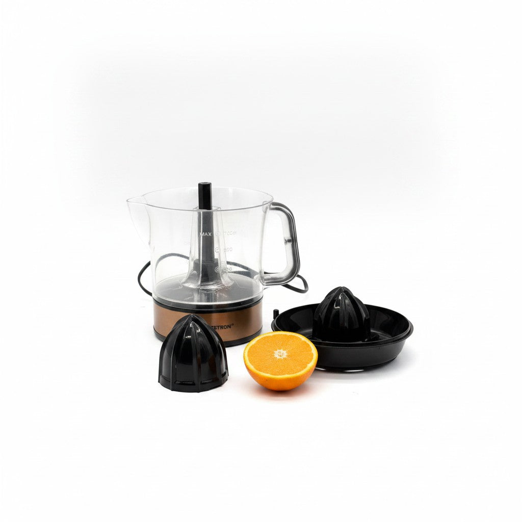 Spremiagrumi elettrico Mr Bob - Home & Tech Utility color rame con caraffa da 0,7L, due coni e arancia tagliata