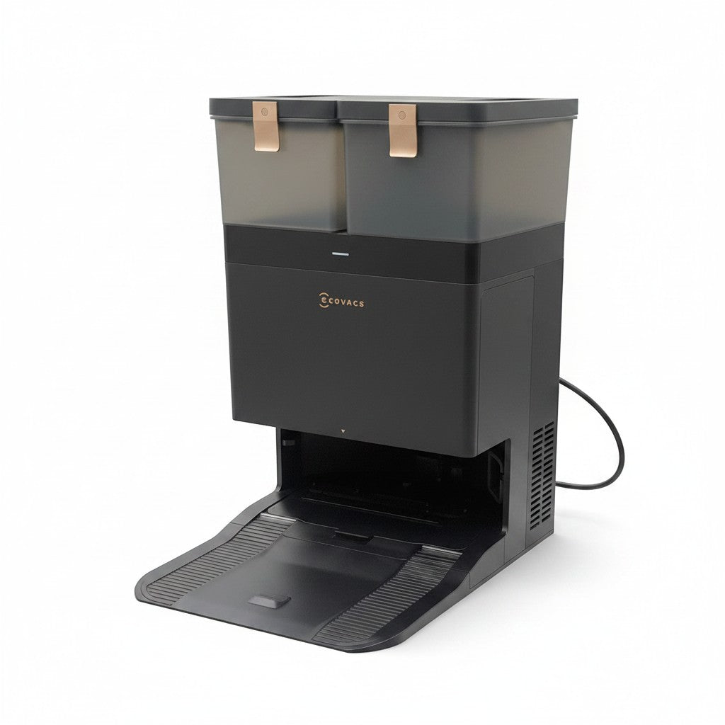 Stazione di ricarica OMNI 12-in-1 nera per robot aspirapolvere Mr Bob - Home & Tech Utility con serbatoi traslucidi