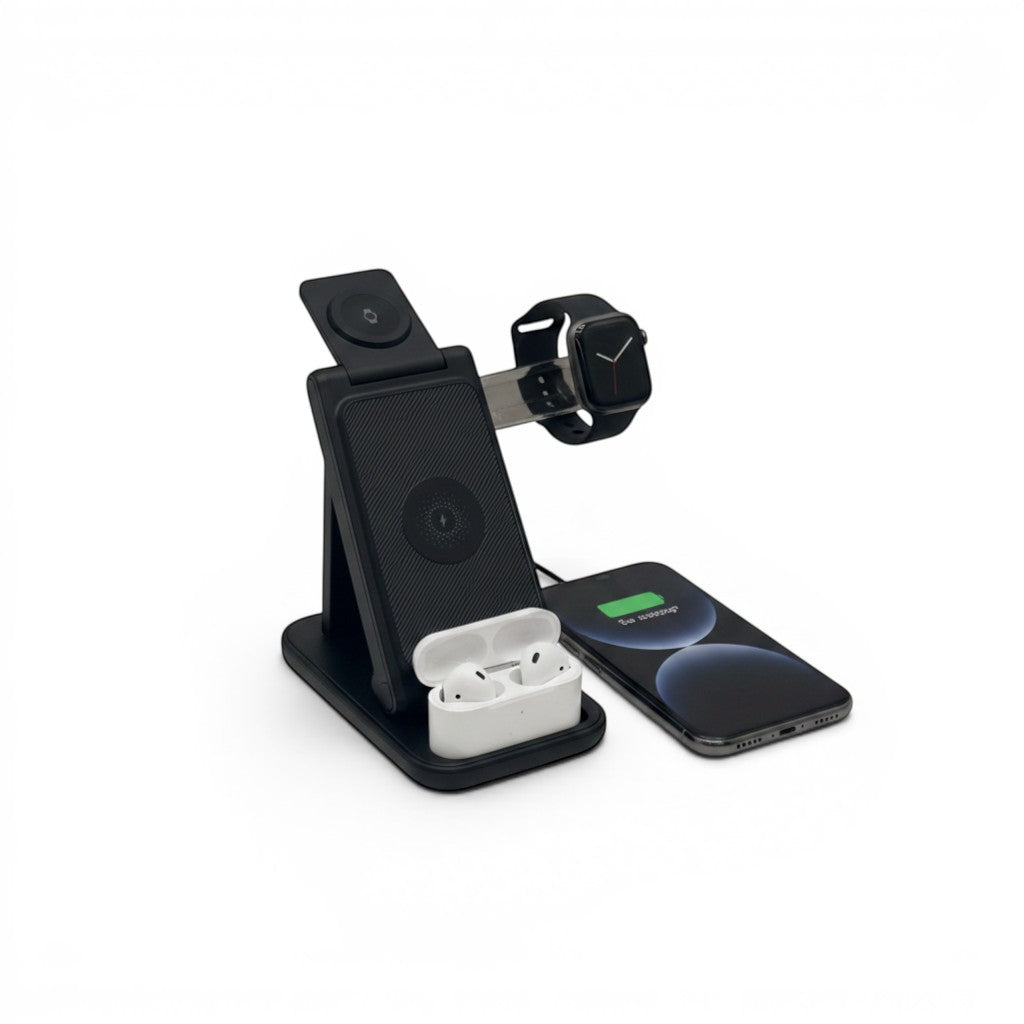 Stazione di ricarica wireless 3-in-1 pieghevole Mr Bob - Home & Tech Utility per smartphone, smartwatch e auricolari