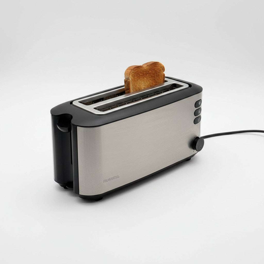 Tostapane Mr Bob - Home & Tech Utility in acciaio inox con fessure lunghe e una fetta di pane tostato